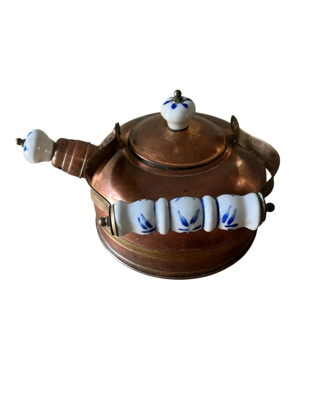 Vintage Korean Copper Tea Kettle Blue White Ceramic Handle Brass Farmhouse Decor
